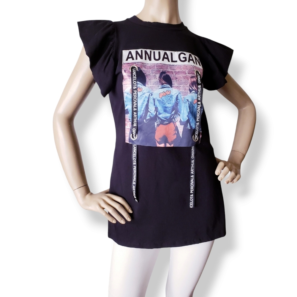 Black Graphic Print Ribbon Tee with Ruffle Flutter Sleeves - Picture 3 of 8